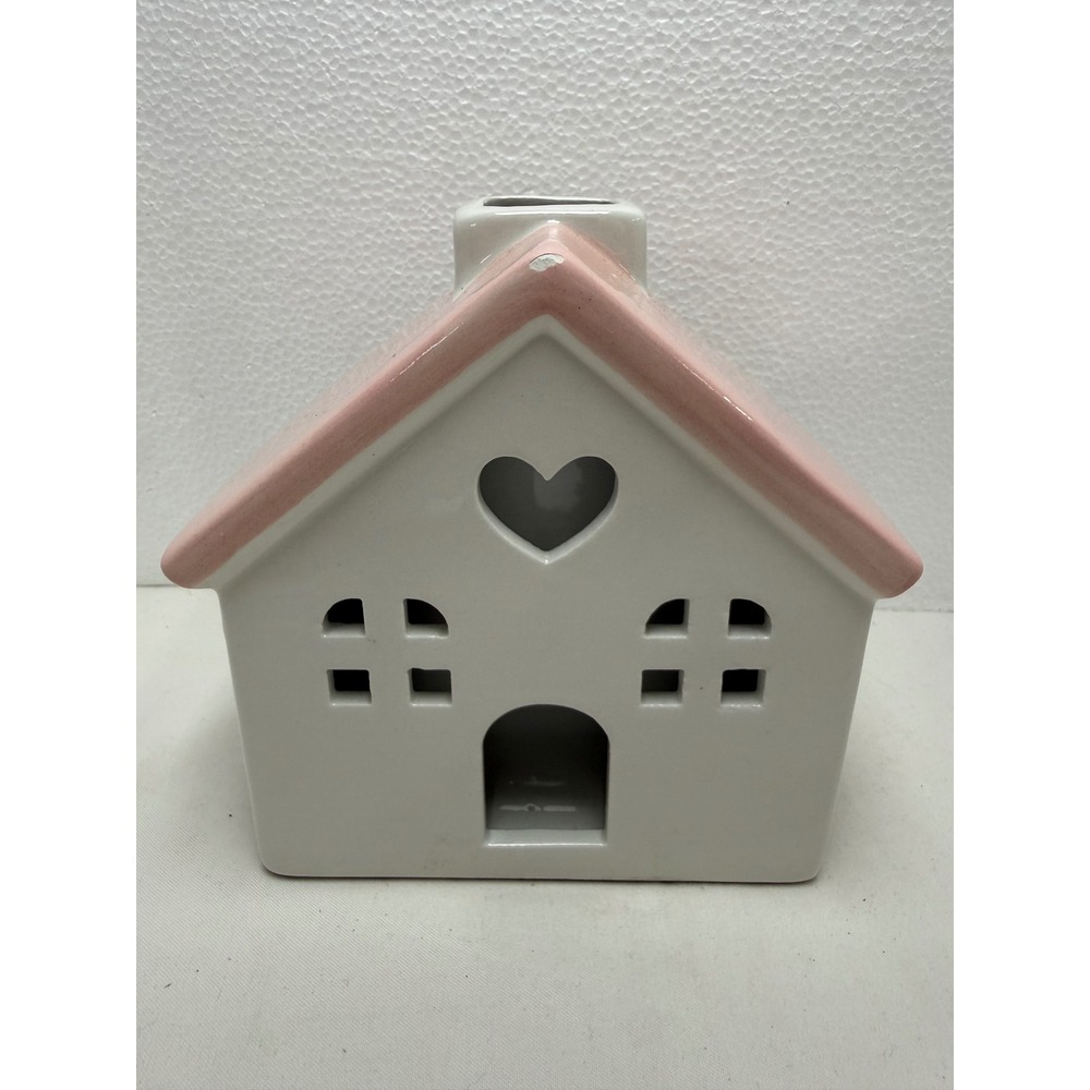 Unbranded Candle Holder  Pink White House Heart Cutout Ceramic Cottage